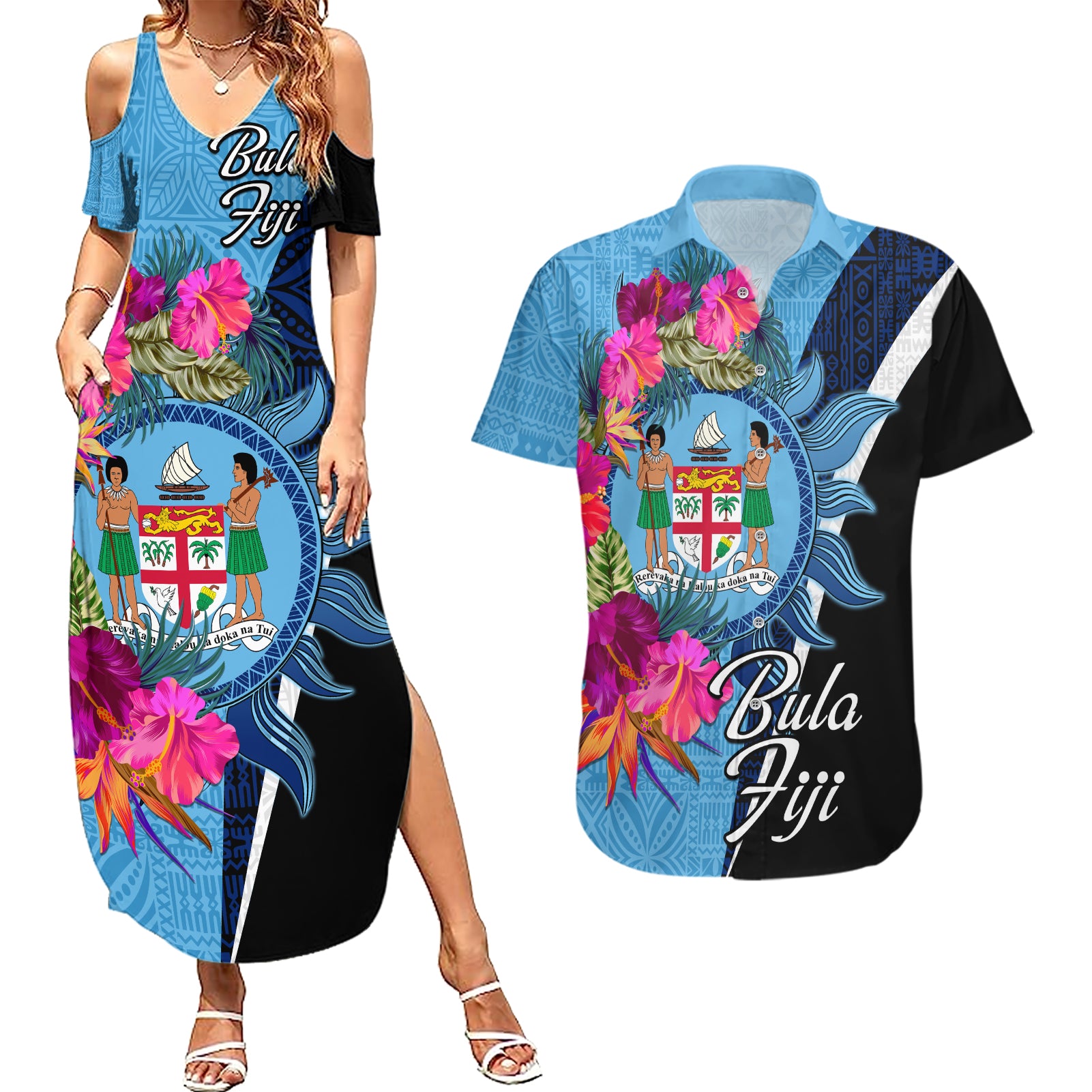 Bula Fiji Vintage Fijian Masi Pattern Couples Matching Summer Maxi Dress and Hawaiian Shirt Blue Unique LT9 Blue - Polynesian Pride