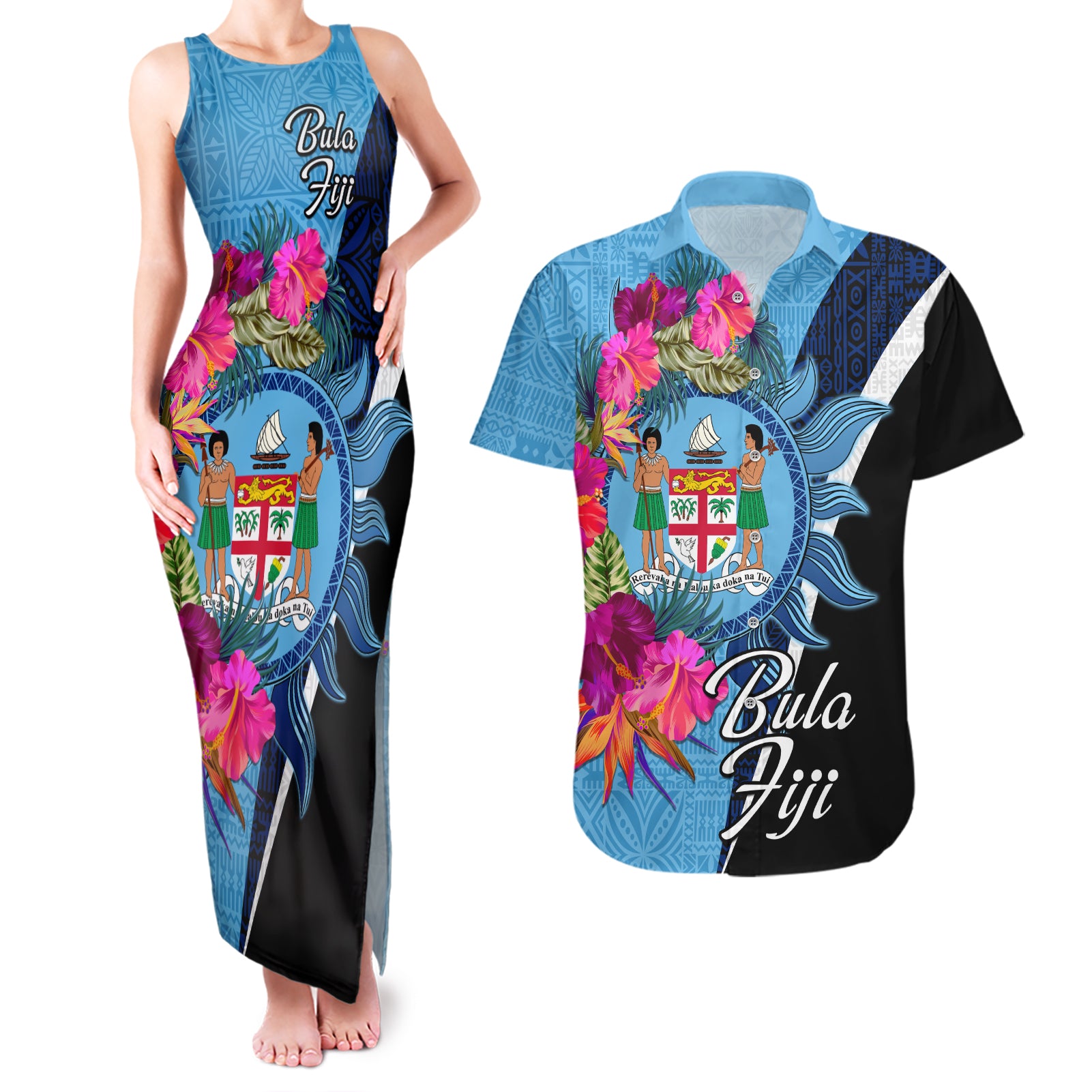 Bula Fiji Vintage Fijian Masi Pattern Couples Matching Tank Maxi Dress and Hawaiian Shirt Blue Unique LT9 Blue - Polynesian Pride