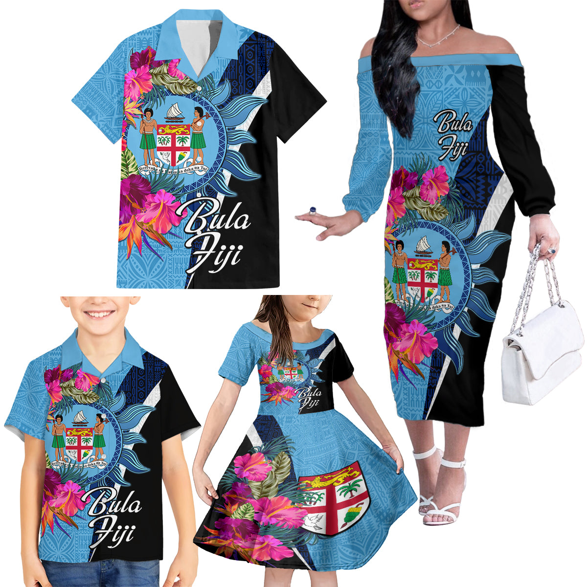 Bula Fiji Vintage Fijian Masi Pattern Family Matching Off Shoulder Long Sleeve Dress and Hawaiian Shirt Blue Unique LT9 - Polynesian Pride