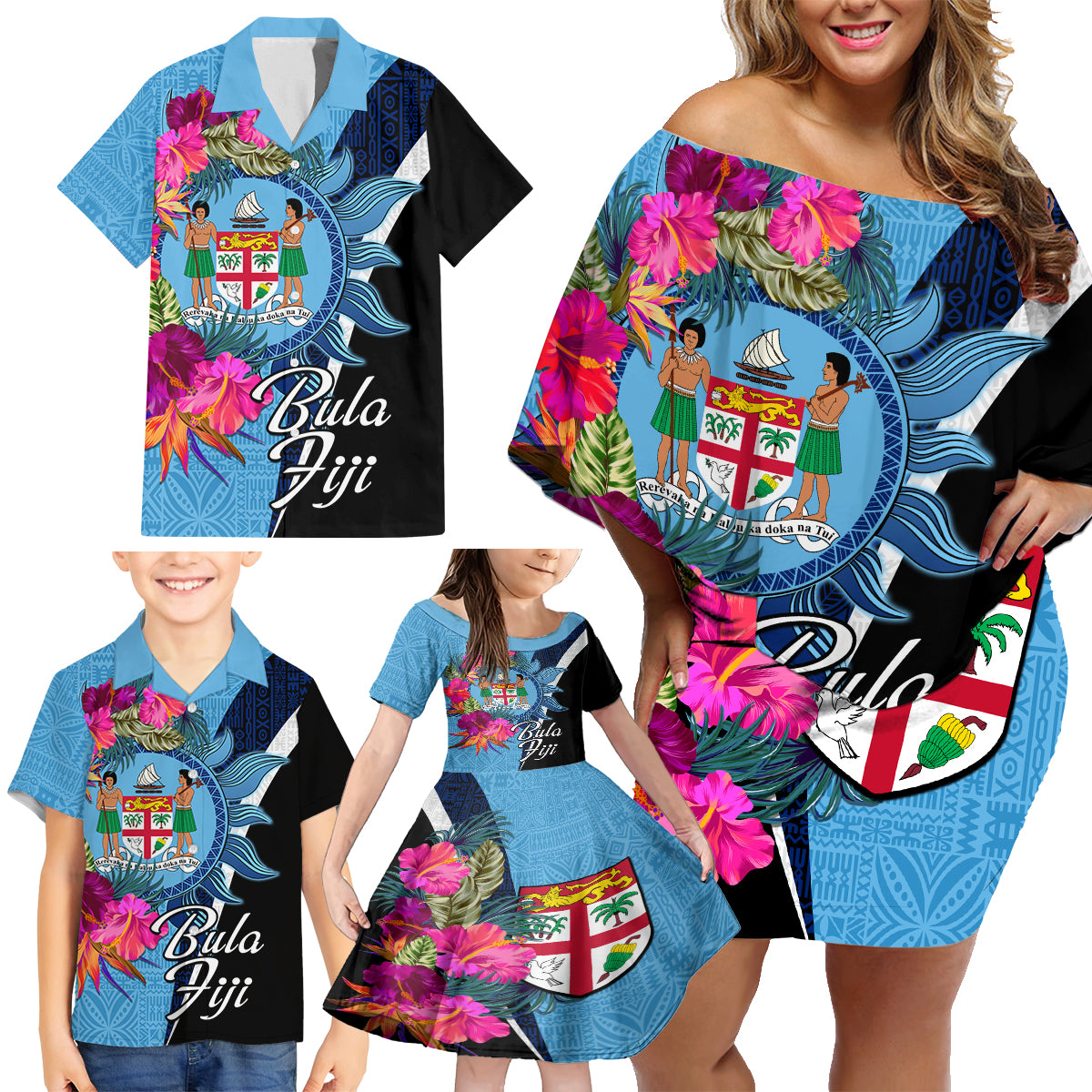 Bula Fiji Vintage Fijian Masi Pattern Family Matching Off Shoulder Short Dress and Hawaiian Shirt Blue Unique LT9 - Polynesian Pride