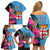 Bula Fiji Vintage Fijian Masi Pattern Family Matching Off Shoulder Short Dress and Hawaiian Shirt Blue Unique LT9 - Polynesian Pride