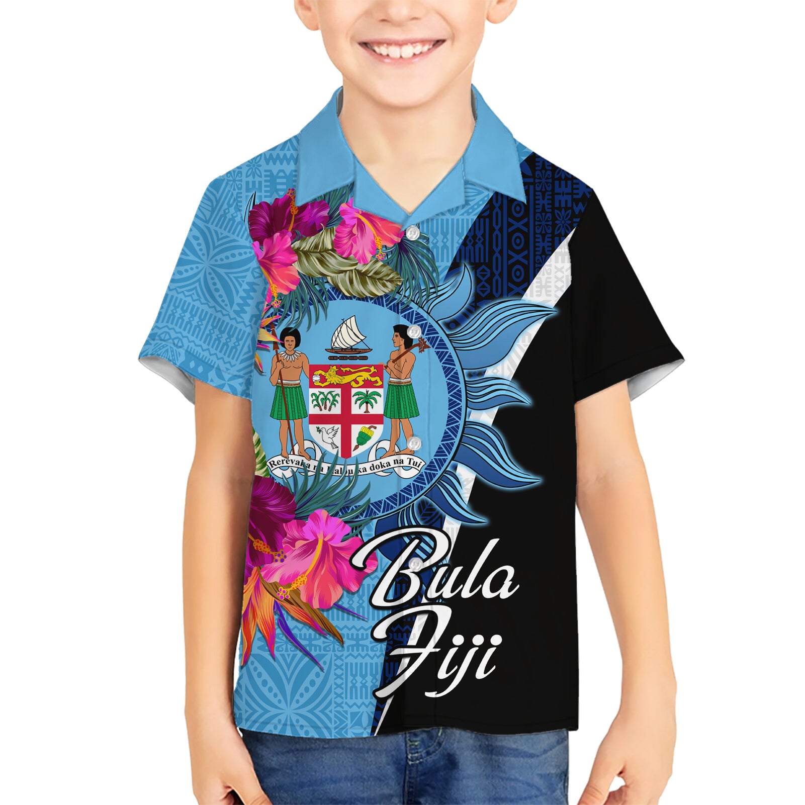 Bula Fiji Vintage Fijian Masi Pattern Kid Hawaiian Shirt Blue Unique LT9 Kid Blue - Polynesian Pride