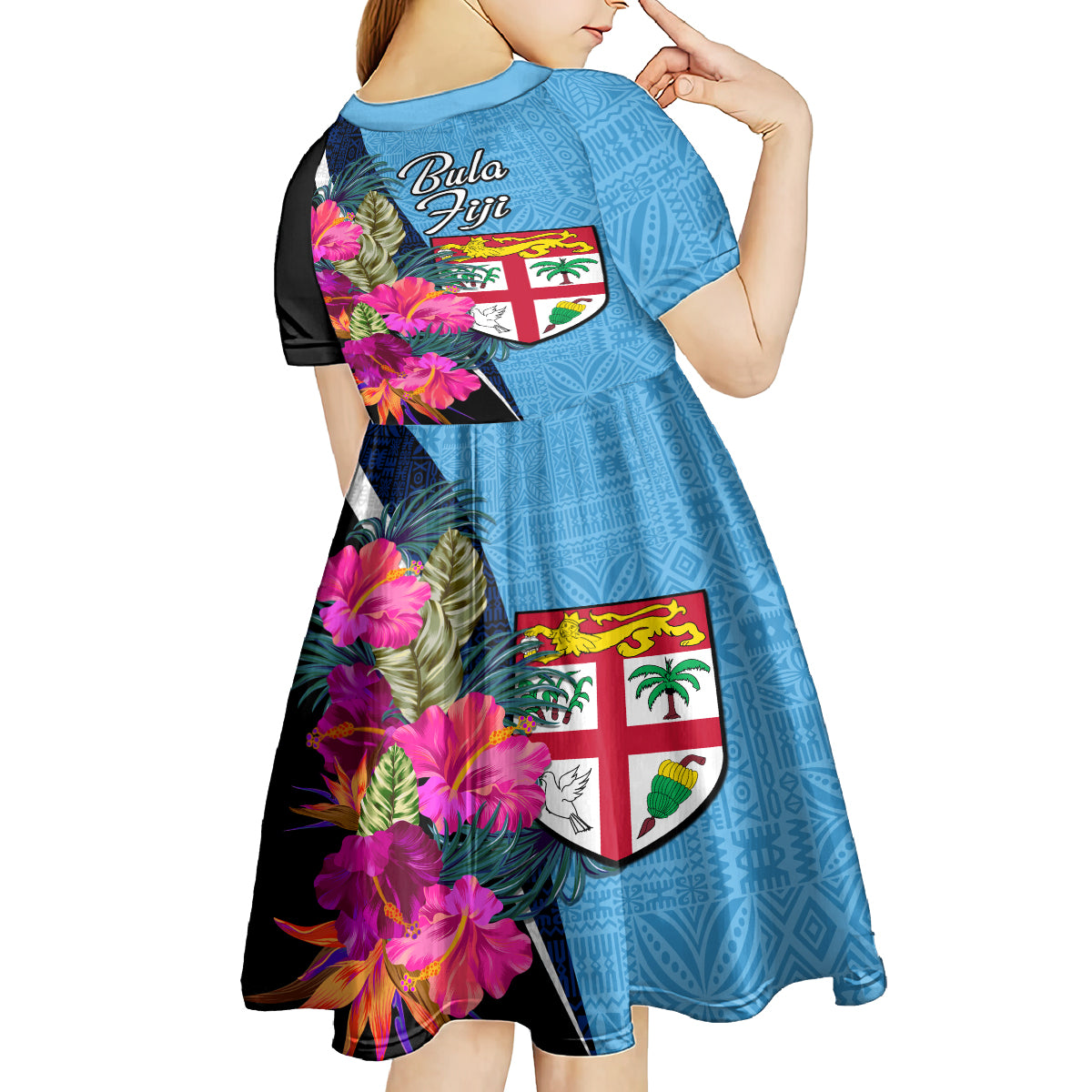 Bula Fiji Vintage Fijian Masi Pattern Kid Short Sleeve Dress Blue Unique LT9 - Polynesian Pride