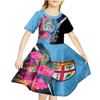 Bula Fiji Vintage Fijian Masi Pattern Kid Short Sleeve Dress Blue Unique LT9 - Polynesian Pride