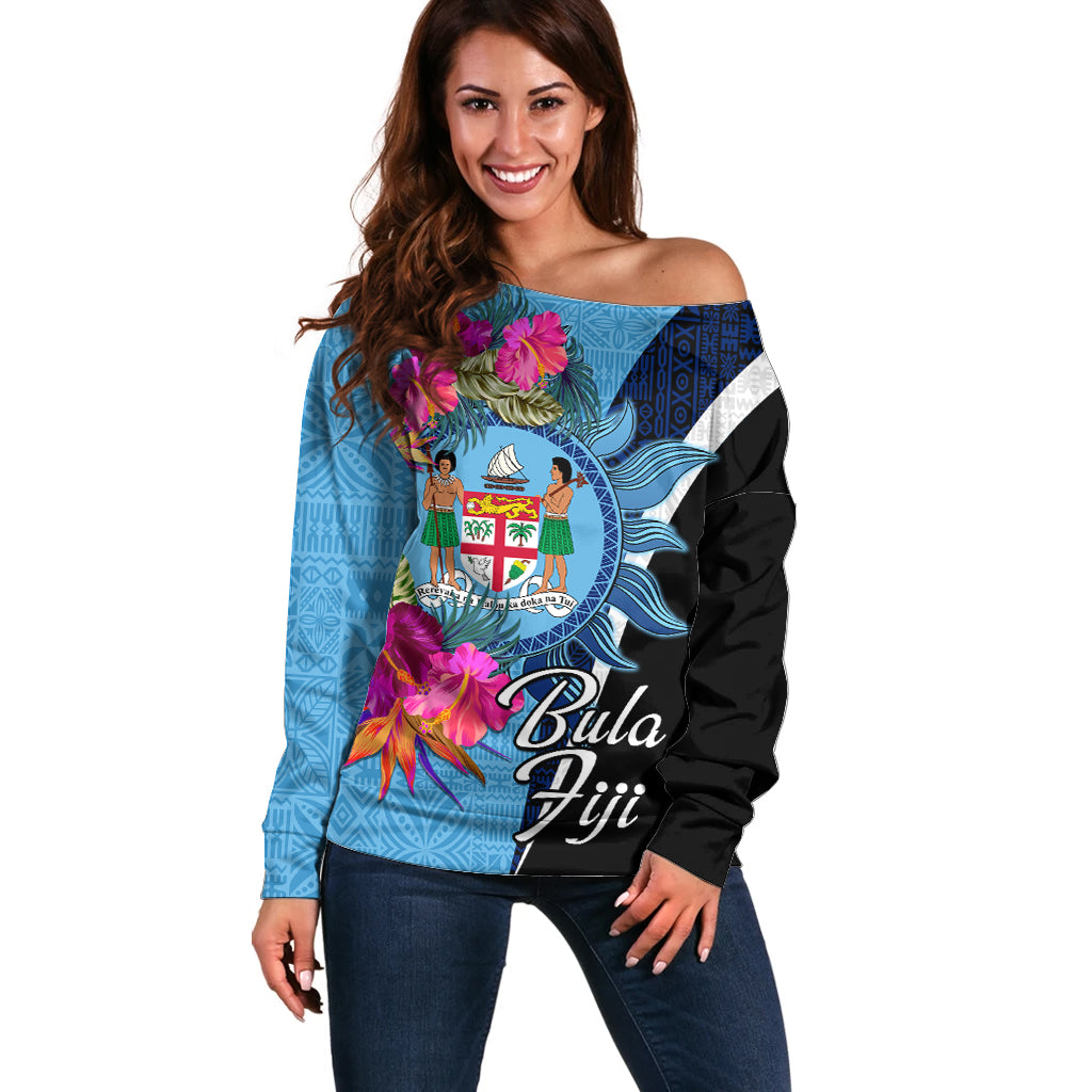 Bula Fiji Vintage Fijian Masi Pattern Off Shoulder Sweater Blue Unique LT9 Women Blue - Polynesian Pride