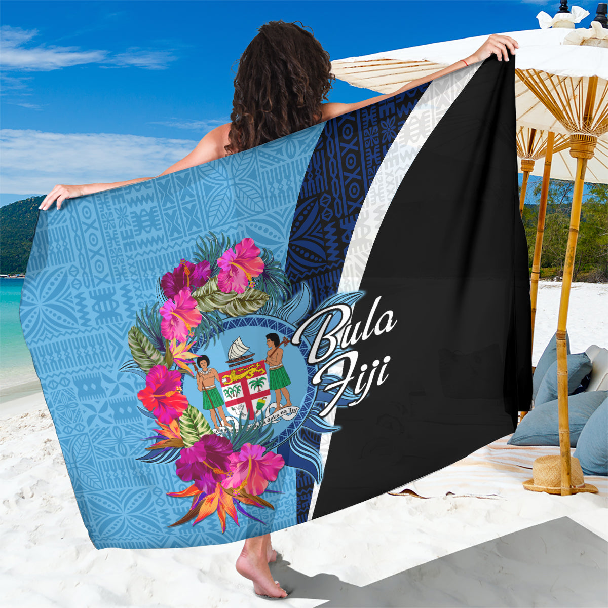 Bula Fiji Vintage Fijian Masi Pattern Sarong Blue Unique LT9 One Size 44 x 66 inches Blue - Polynesian Pride