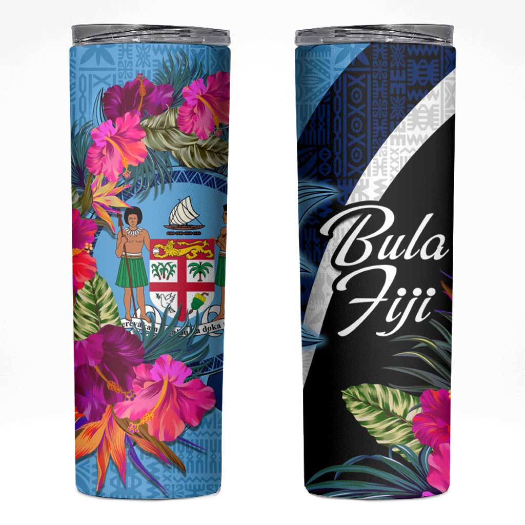 Bula Fiji Vintage Fijian Masi Pattern Skinny Tumbler Blue Unique