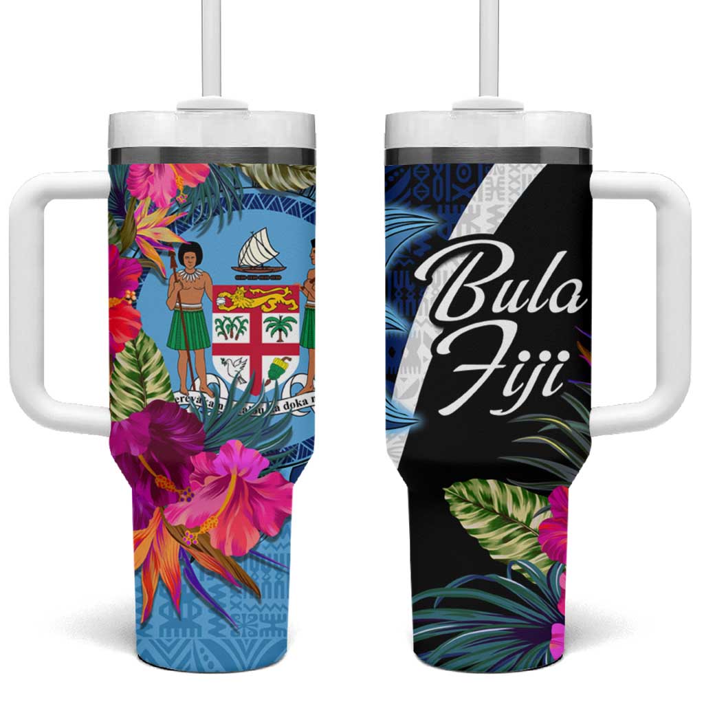 Bula Fiji Vintage Fijian Masi Pattern Tumbler With Handle Blue Unique LT9 One Size: 40 oz Blue - Polynesian Pride