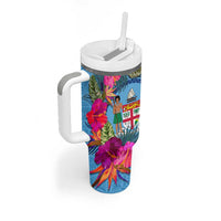 Bula Fiji Vintage Fijian Masi Pattern Tumbler With Handle Blue Unique LT9 - Polynesian Pride