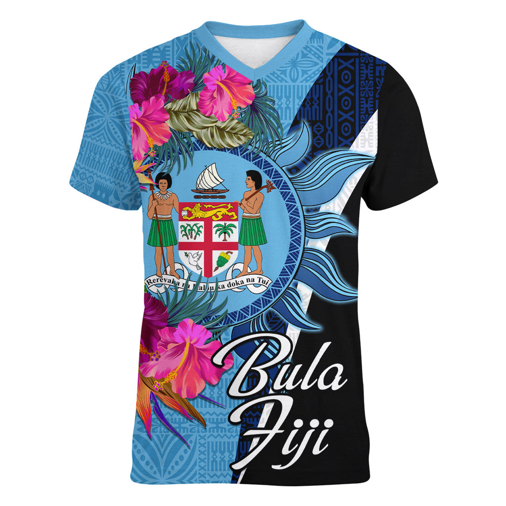 Bula Fiji Vintage Fijian Masi Pattern Women V Neck T Shirt Blue Unique LT9 Female Blue - Polynesian Pride