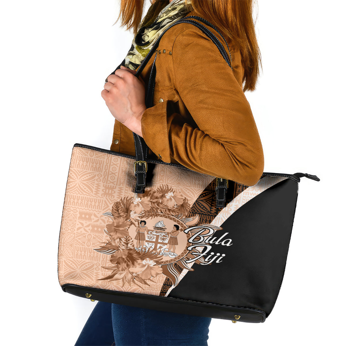 Bula Fiji Vintage Fijian Masi Pattern Leather Tote Bag Peach Fuzz Unique LT9 Peach Fuzz - Polynesian Pride