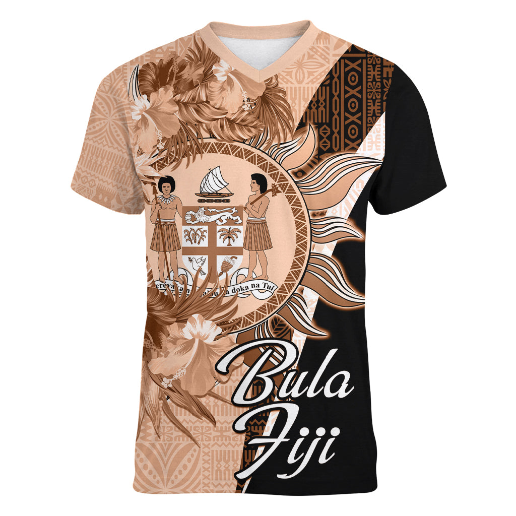 Bula Fiji Vintage Fijian Masi Pattern Women V Neck T Shirt Peach Fuzz Unique LT9 Female Peach Fuzz - Polynesian Pride