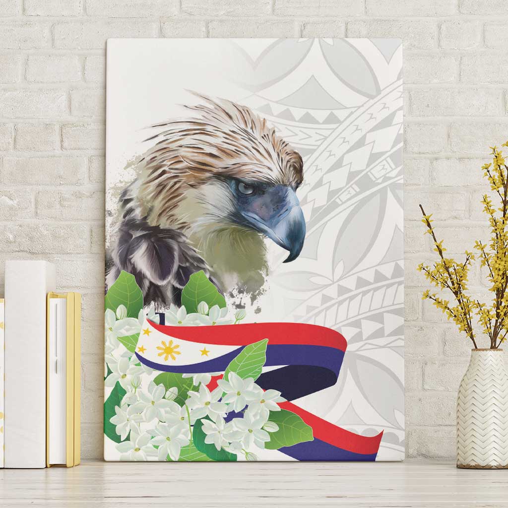 Philippines Eagle and Sampaguita Flowers Canvas Wall Art Polynesian Pattern LT9 Without Frame White - Polynesian Pride