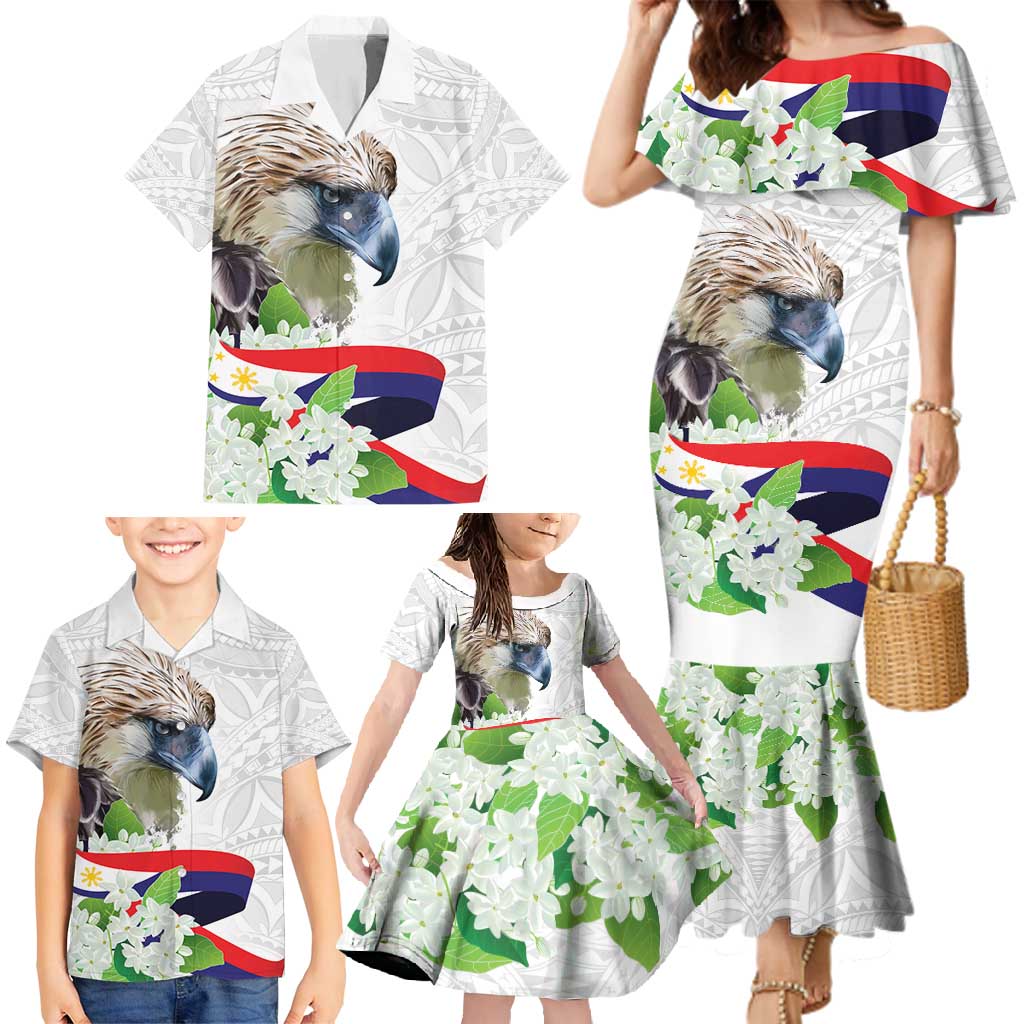 Philippines Eagle and Sampaguita Flowers Family Matching Mermaid Dress and Hawaiian Shirt Polynesian Pattern