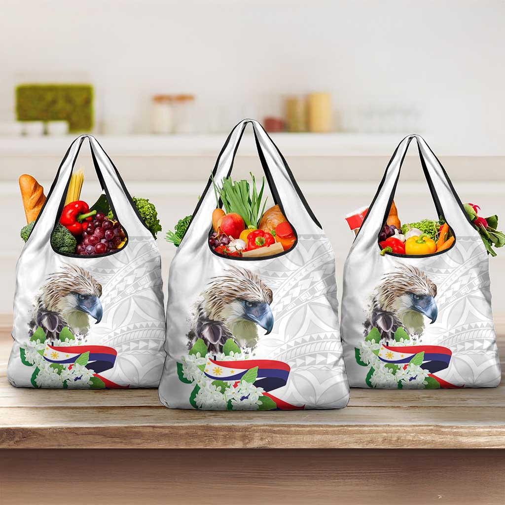 Philippines Eagle and Sampaguita Flowers Grocery Bag Polynesian Pattern LT9 3-pack One Size White - Polynesian Pride