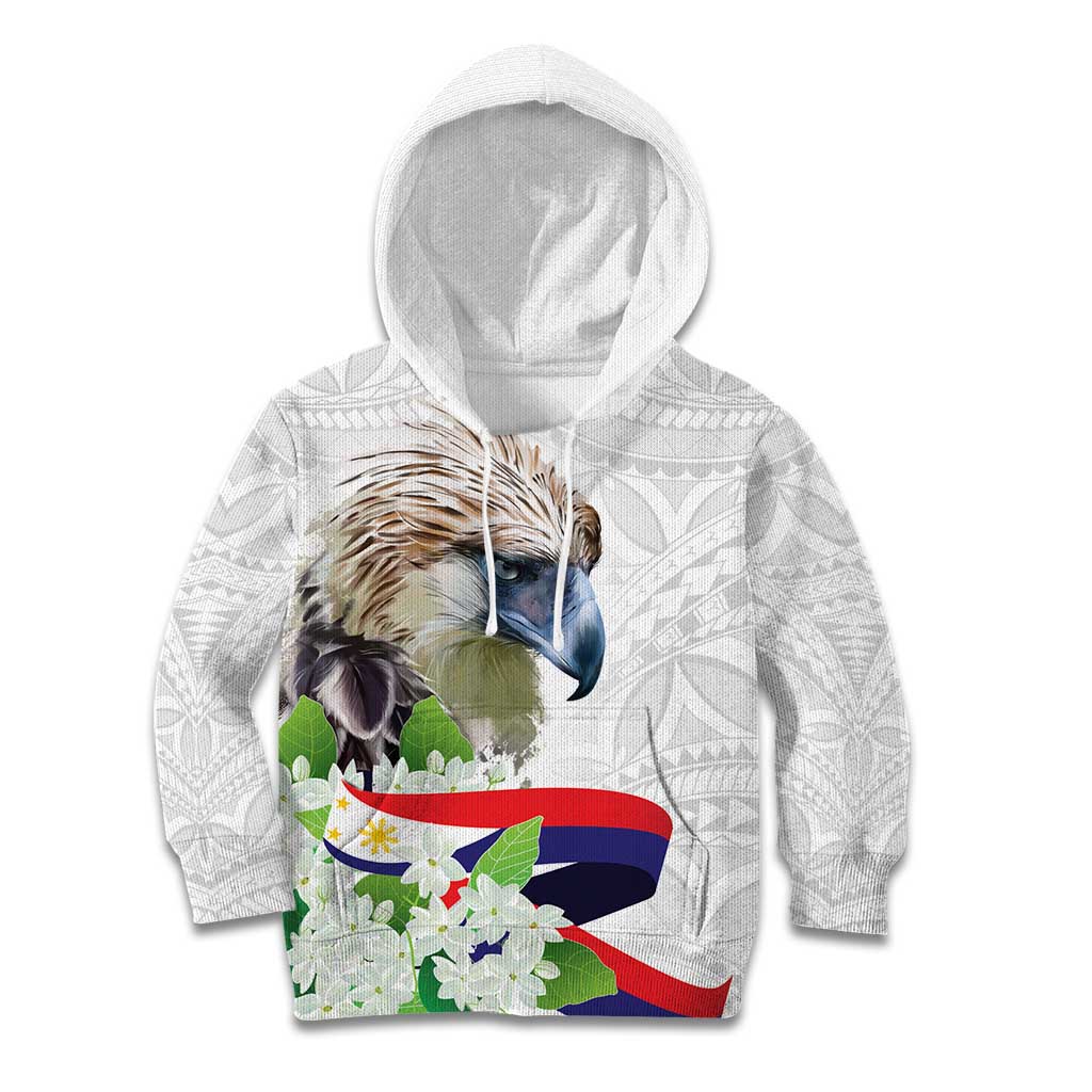 Philippines Eagle and Sampaguita Flowers Kid Hoodie Polynesian Pattern LT9 Hoodie White - Polynesian Pride