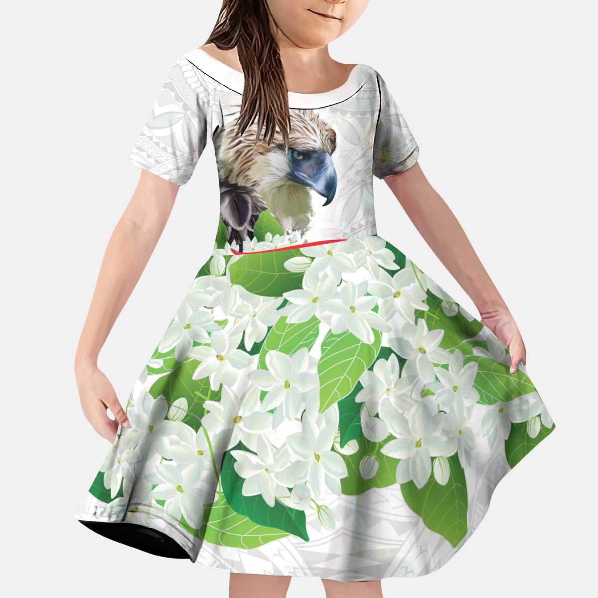 Philippines Eagle and Sampaguita Flowers Kid Short Sleeve Dress Polynesian Pattern LT9 KID White - Polynesian Pride