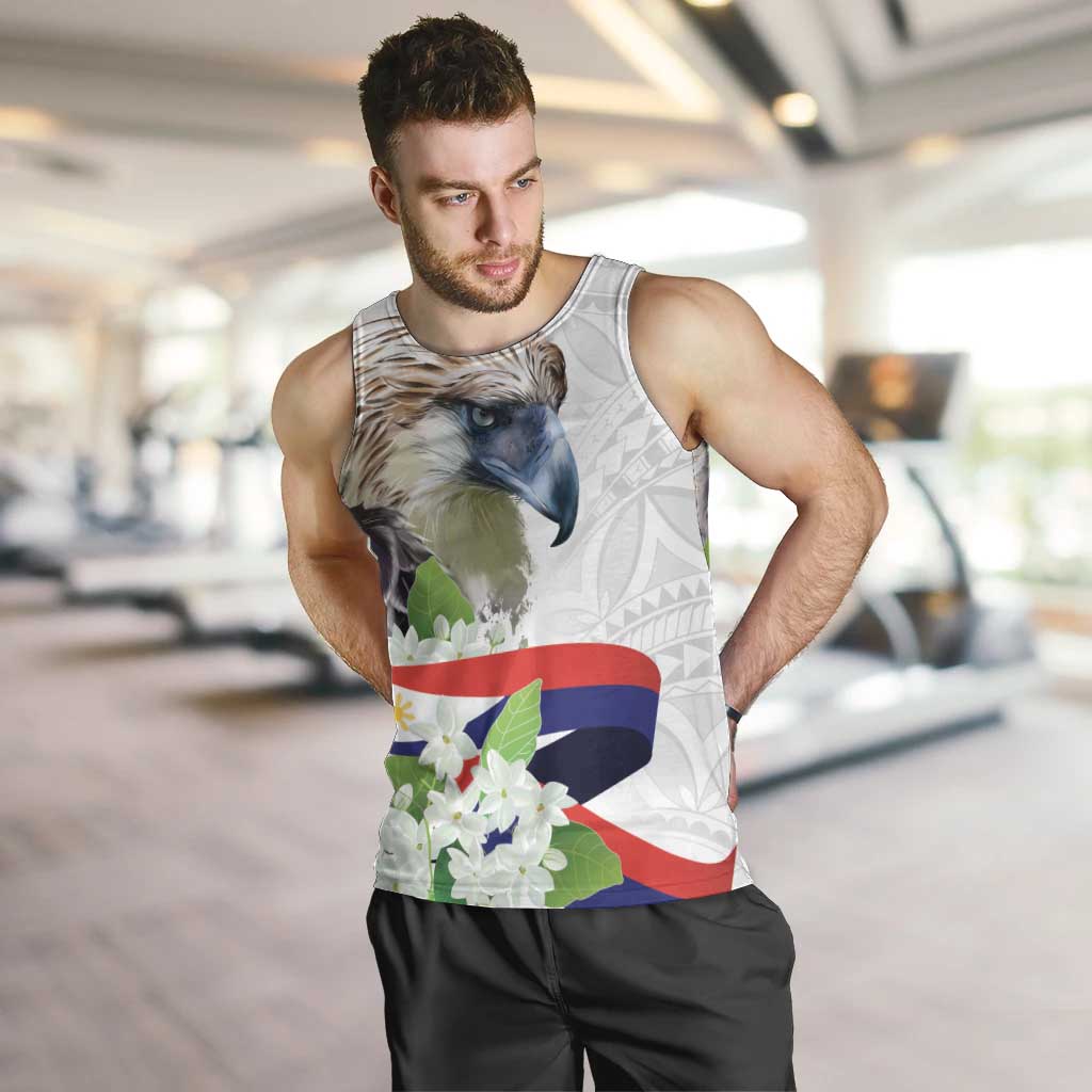 Philippines Eagle and Sampaguita Flowers Men Tank Top Polynesian Pattern LT9 White - Polynesian Pride