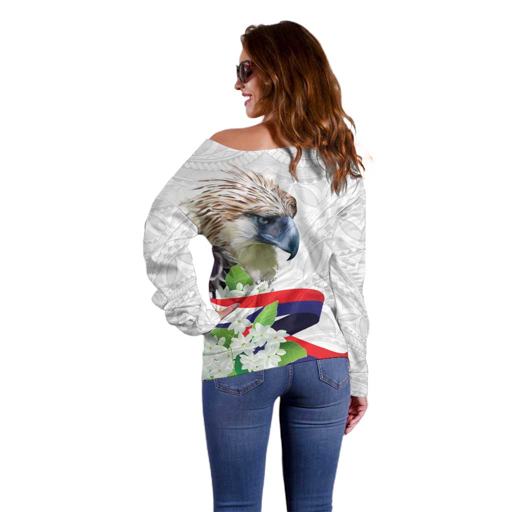 Philippines Eagle and Sampaguita Flowers Off Shoulder Sweater Polynesian Pattern LT9 - Polynesian Pride