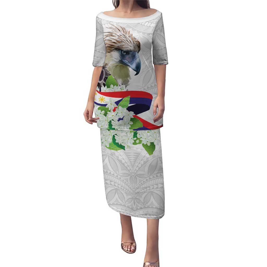 Philippines Eagle and Sampaguita Flowers Puletasi Polynesian Pattern LT9 Long Dress White - Polynesian Pride