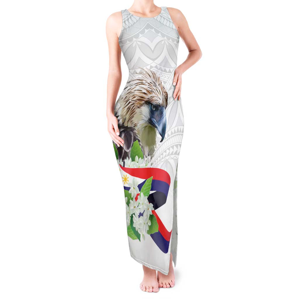 Philippines Eagle and Sampaguita Flowers Tank Maxi Dress Polynesian Pattern LT9 Women White - Polynesian Pride