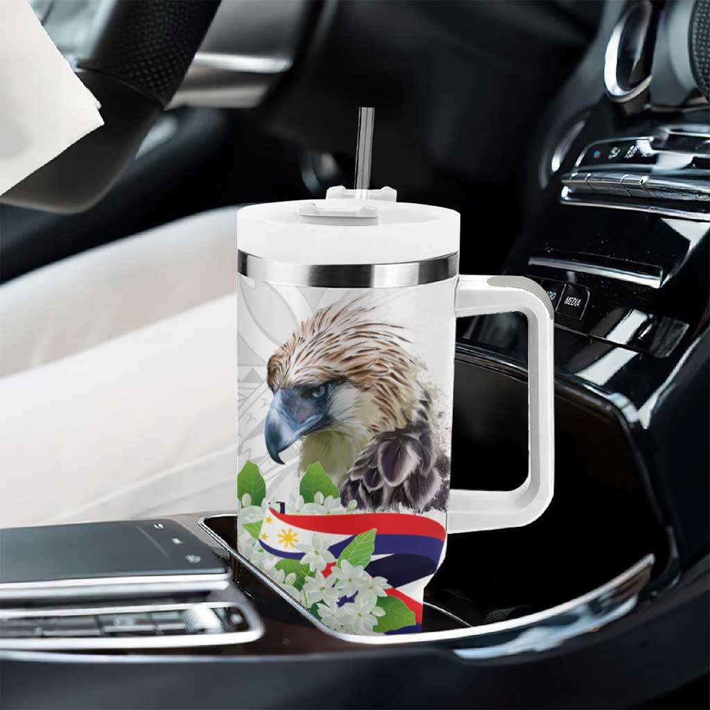 Philippines Eagle and Sampaguita Flowers Tumbler With Handle Polynesian Pattern LT9 - Polynesian Pride