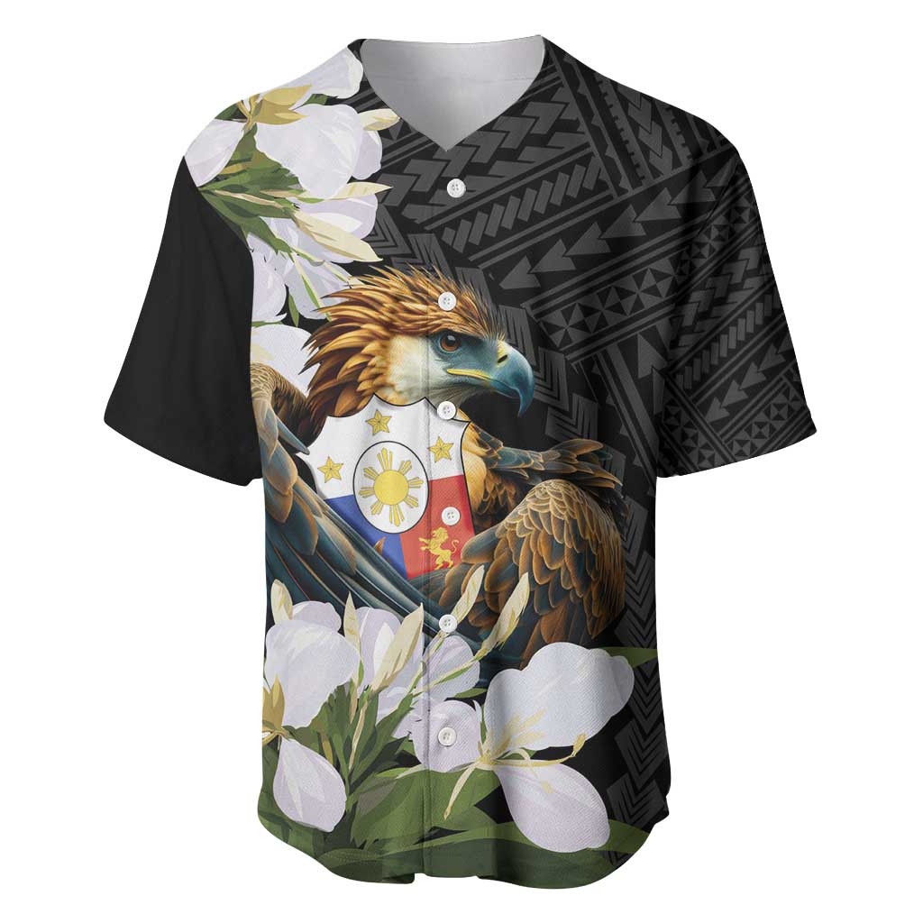 Philippines Eagle with Coat Of Arm Baseball Jersey Simple Sampaguita Jasmine LT9 Black - Polynesian Pride