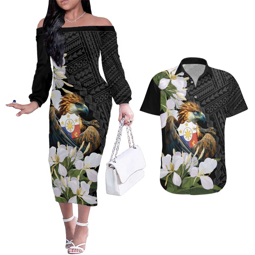 Philippines Eagle with Coat Of Arm Couples Matching Off The Shoulder Long Sleeve Dress and Hawaiian Shirt Simple Sampaguita Jasmine