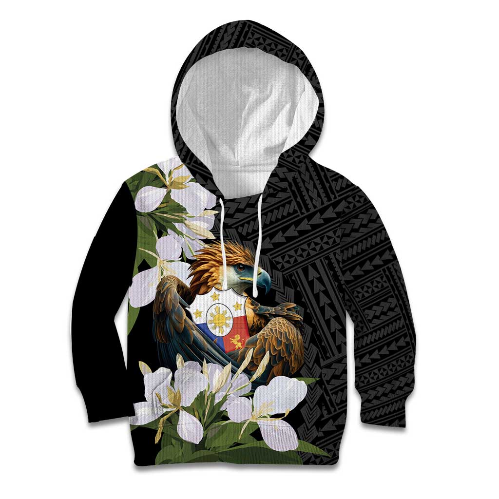 Philippines Eagle with Coat Of Arm Kid Hoodie Simple Sampaguita Jasmine LT9 Hoodie Black - Polynesian Pride