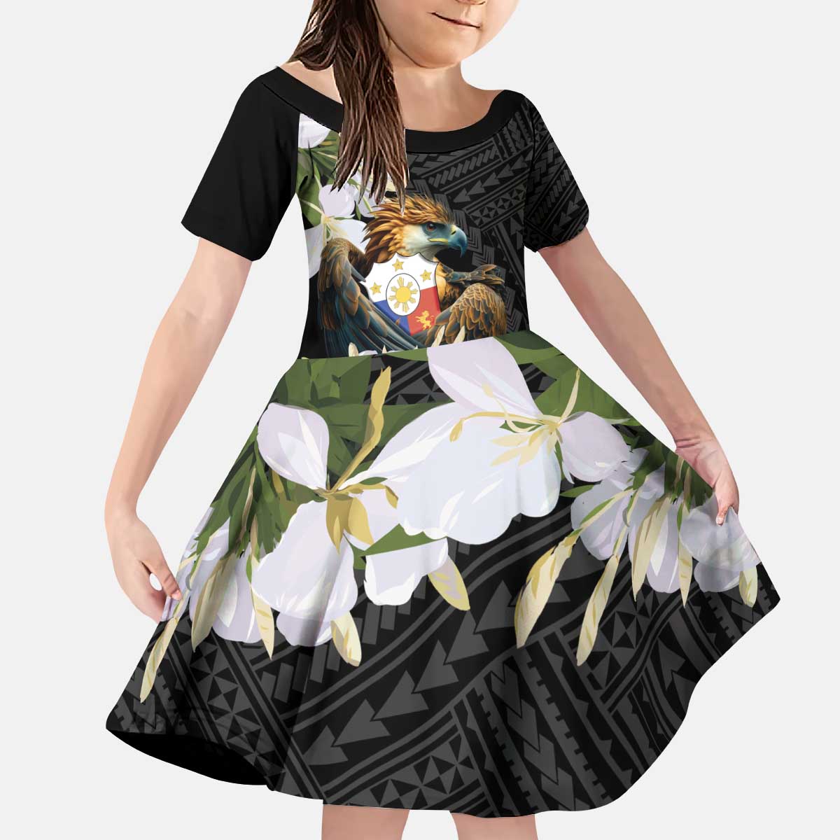 Philippines Eagle with Coat Of Arm Kid Short Sleeve Dress Simple Sampaguita Jasmine LT9 KID Black - Polynesian Pride