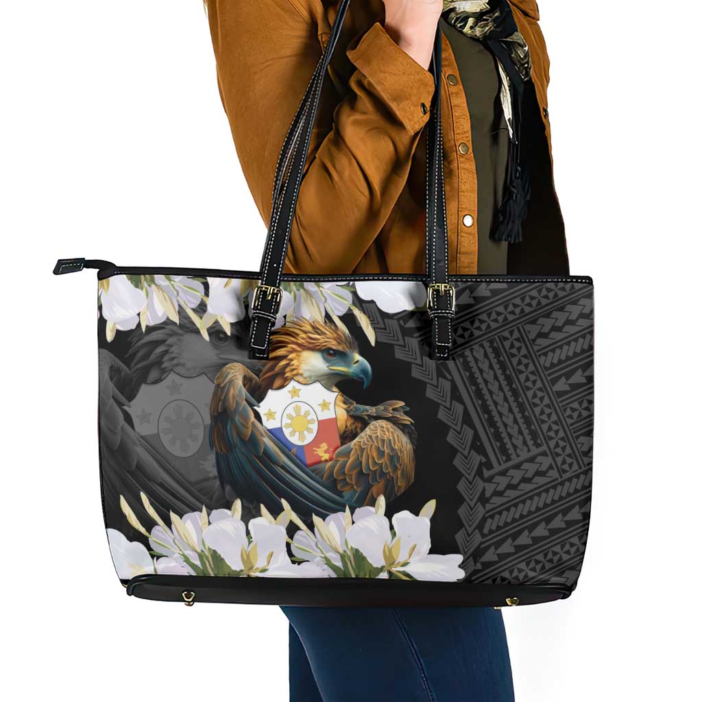 Philippines Eagle with Coat Of Arm Leather Tote Bag Simple Sampaguita Jasmine LT9 - Polynesian Pride