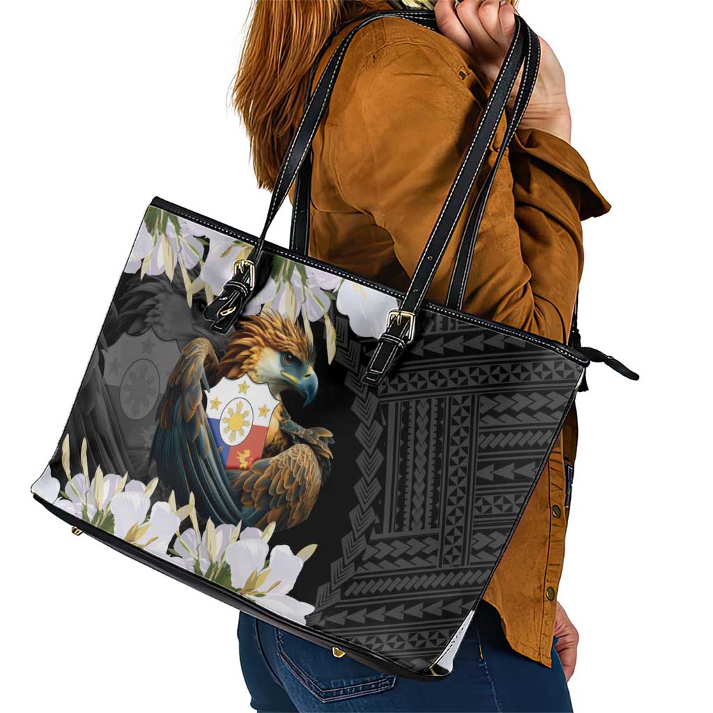 Philippines Eagle with Coat Of Arm Leather Tote Bag Simple Sampaguita Jasmine LT9 - Polynesian Pride