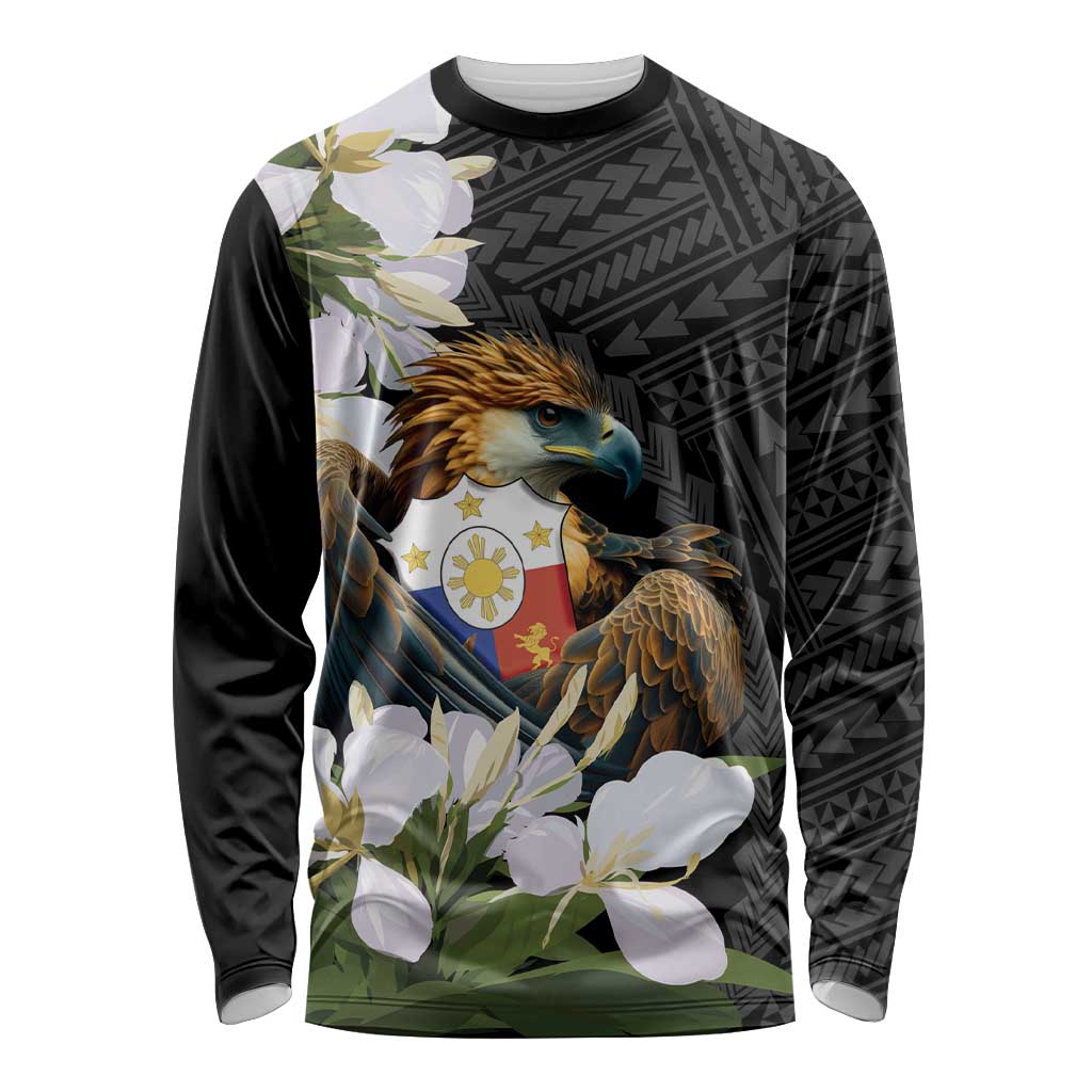 Philippines Eagle with Coat Of Arm Long Sleeve Shirt Simple Sampaguita Jasmine LT9 Unisex Black - Polynesian Pride