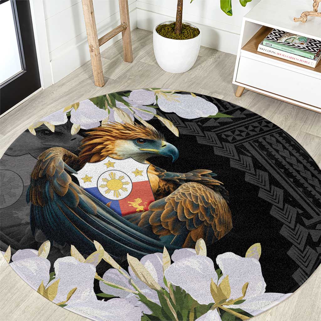 Philippines Eagle with Coat Of Arm Round Carpet Simple Sampaguita Jasmine LT9 Black - Polynesian Pride
