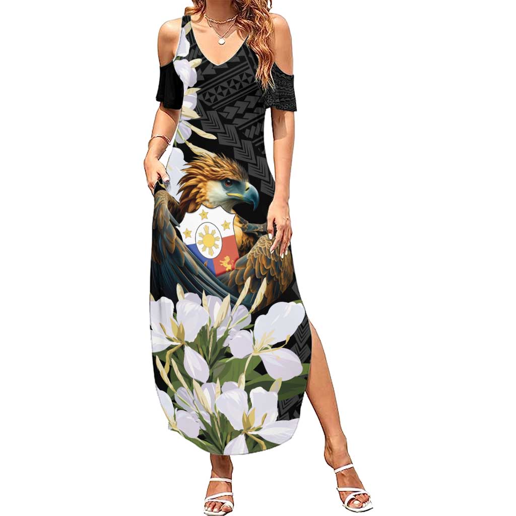 Philippines Eagle with Coat Of Arm Summer Maxi Dress Simple Sampaguita Jasmine LT9 Women Black - Polynesian Pride
