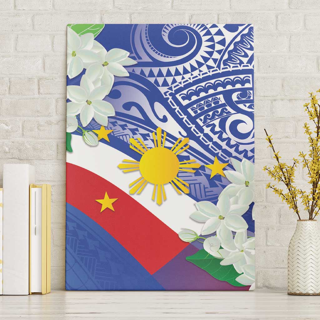 Philippines Flag Canvas Wall Art Sampaguita Jasmine with Polynesian Tribal LT9 Without Frame Blue - Polynesian Pride