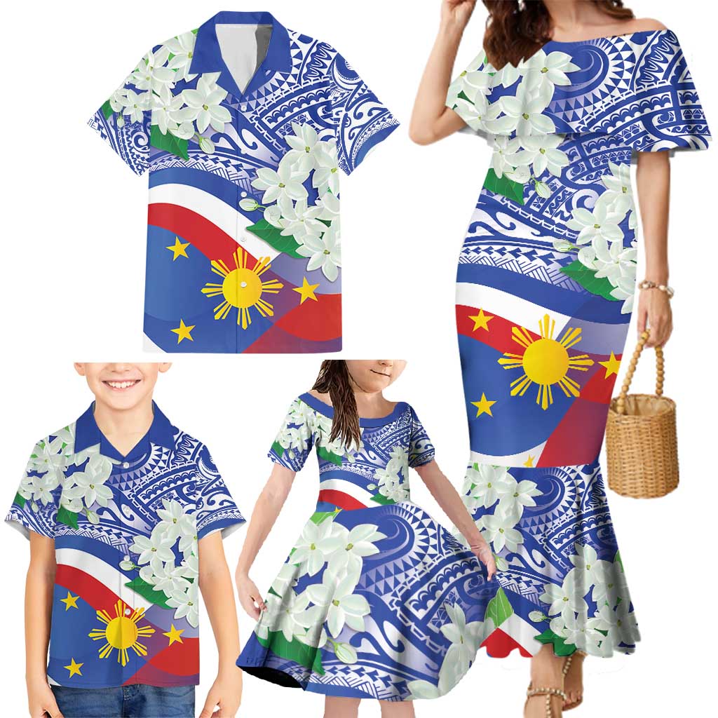 Philippines Flag Family Matching Mermaid Dress and Hawaiian Shirt Sampaguita Jasmine with Polynesian Tribal