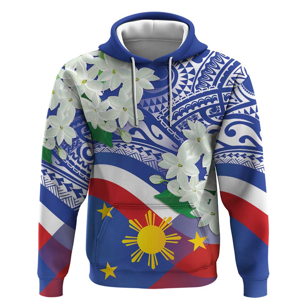 Philippines Flag Hoodie Sampaguita Jasmine with Polynesian Tribal LT9 Pullover Hoodie Blue - Polynesian Pride