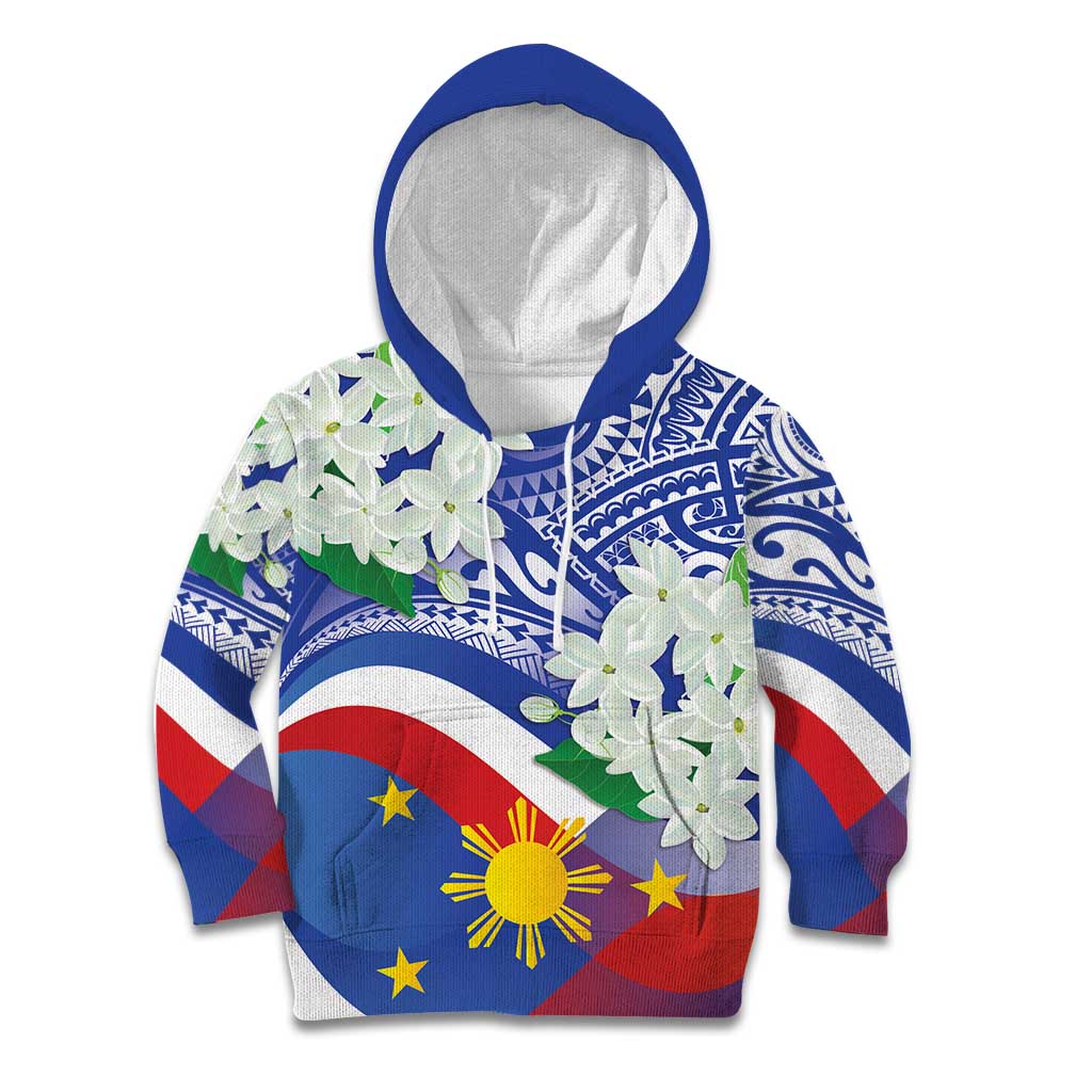 Philippines Flag Kid Hoodie Sampaguita Jasmine with Polynesian Tribal LT9 Hoodie Blue - Polynesian Pride