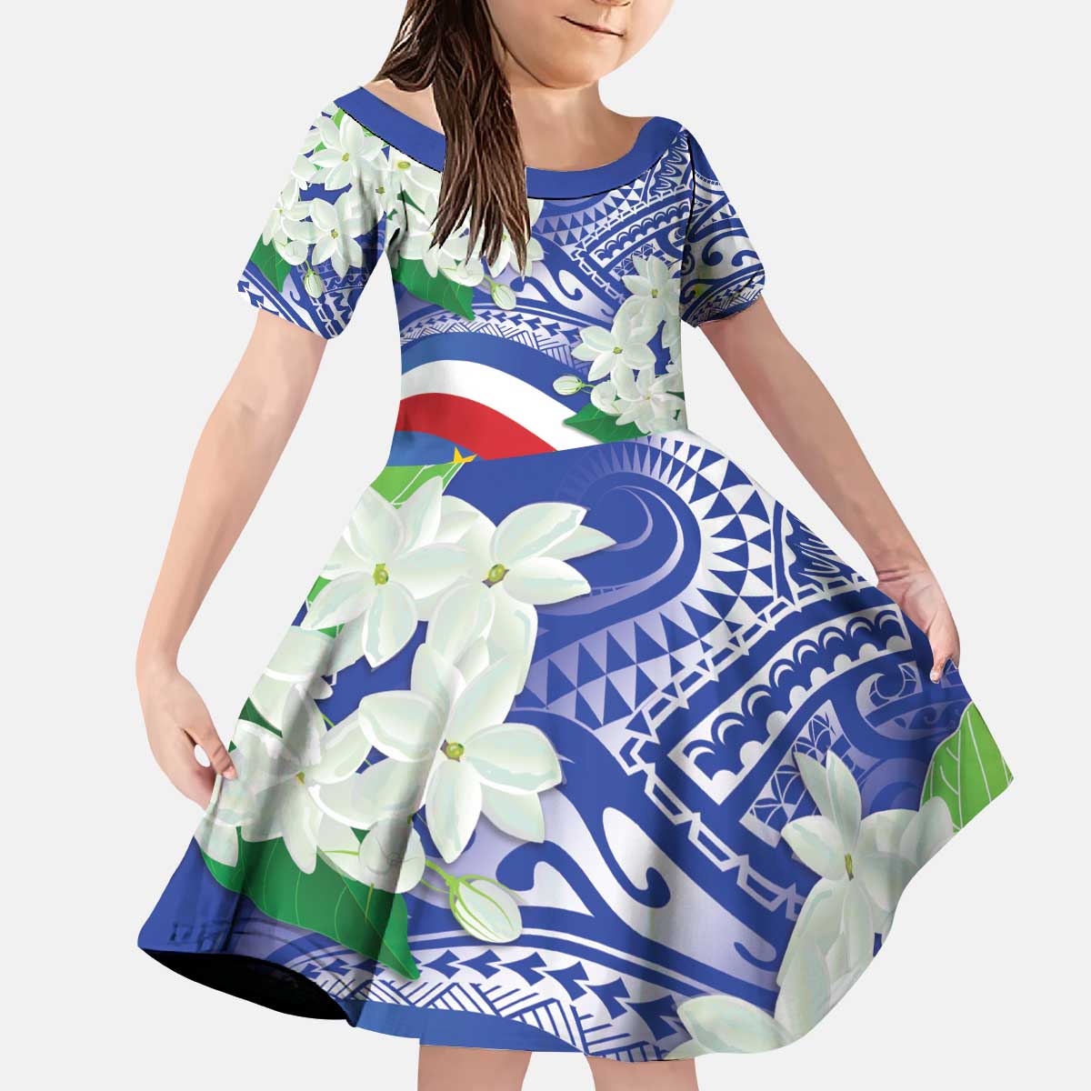 Philippines Flag Kid Short Sleeve Dress Sampaguita Jasmine with Polynesian Tribal LT9 KID Blue - Polynesian Pride