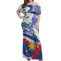 Philippines Flag Off Shoulder Maxi Dress Sampaguita Jasmine with Polynesian Tribal LT9 Women Blue - Polynesian Pride