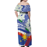 Philippines Flag Off Shoulder Maxi Dress Sampaguita Jasmine with Polynesian Tribal LT9 - Polynesian Pride