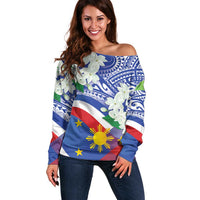 Philippines Flag Off Shoulder Sweater Sampaguita Jasmine with Polynesian Tribal LT9 Women Blue - Polynesian Pride