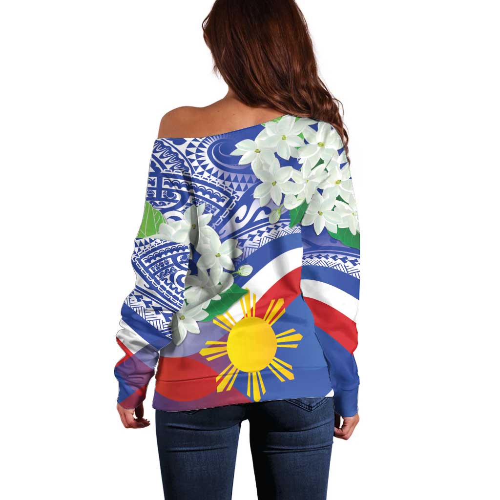 Philippines Flag Off Shoulder Sweater Sampaguita Jasmine with Polynesian Tribal LT9 - Polynesian Pride