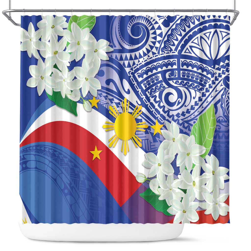 Philippines Flag Shower Curtain Sampaguita Jasmine with Polynesian Tribal LT9 Blue - Polynesian Pride