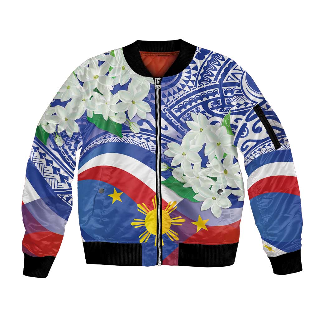 Philippines Flag Sleeve Zip Bomber Jacket Sampaguita Jasmine with Polynesian Tribal LT9 Unisex Blue - Polynesian Pride