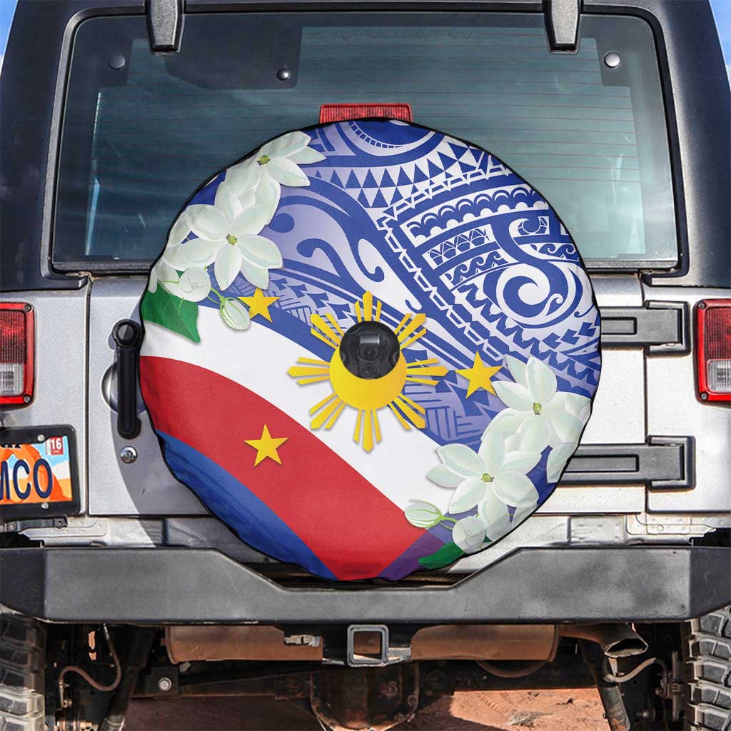 Philippines Flag Spare Tire Cover Sampaguita Jasmine with Polynesian Tribal