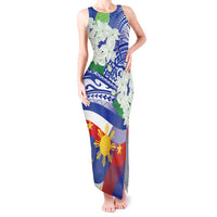 Philippines Flag Tank Maxi Dress Sampaguita Jasmine with Polynesian Tribal LT9 Women Blue - Polynesian Pride