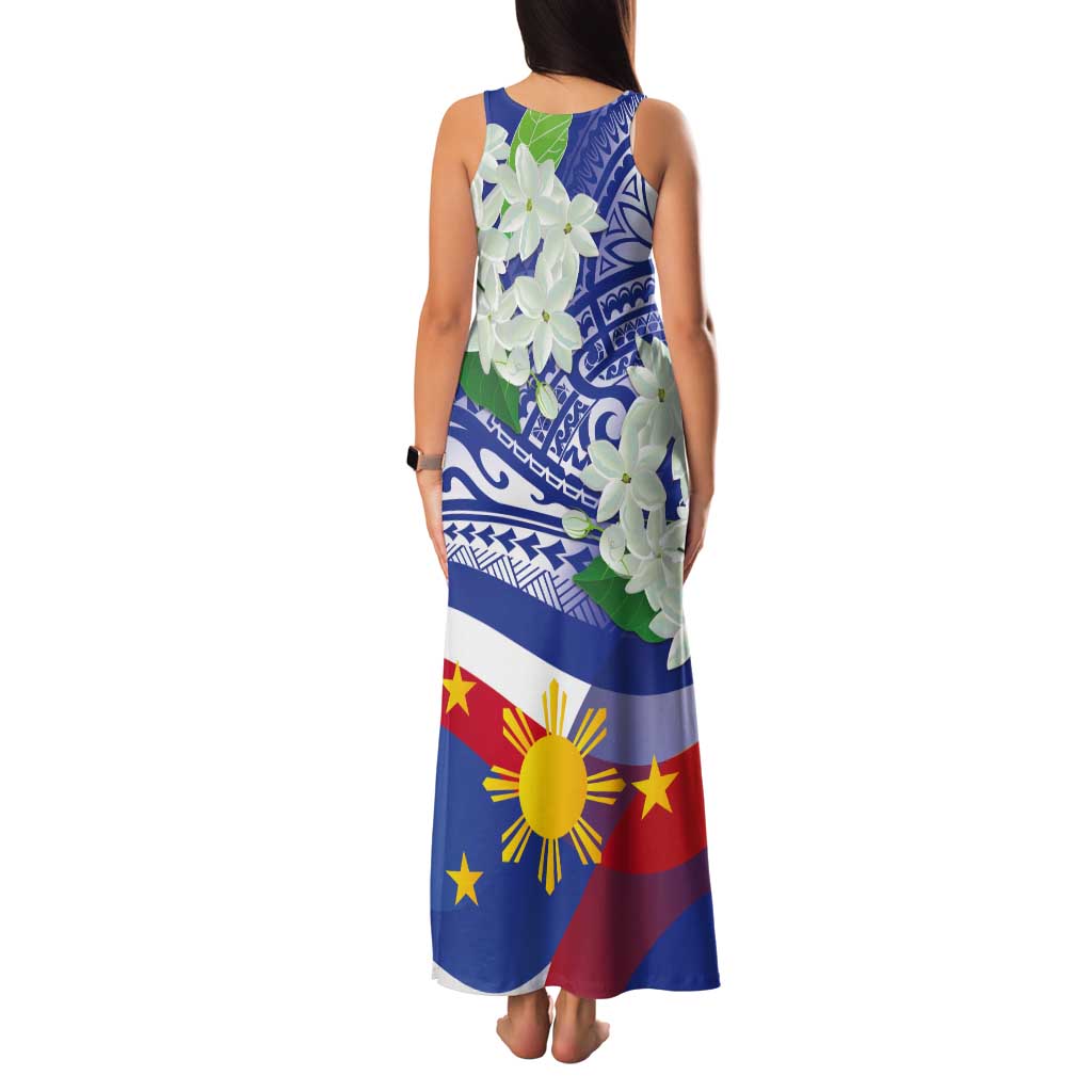 Philippines Flag Tank Maxi Dress Sampaguita Jasmine with Polynesian Tribal LT9 - Polynesian Pride