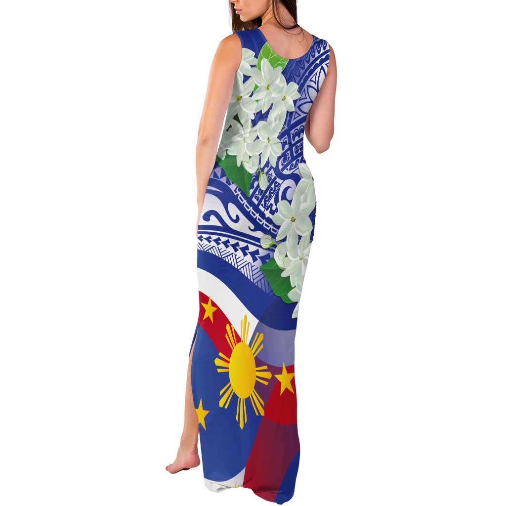 Philippines Flag Tank Maxi Dress Sampaguita Jasmine with Polynesian Tribal LT9 - Polynesian Pride